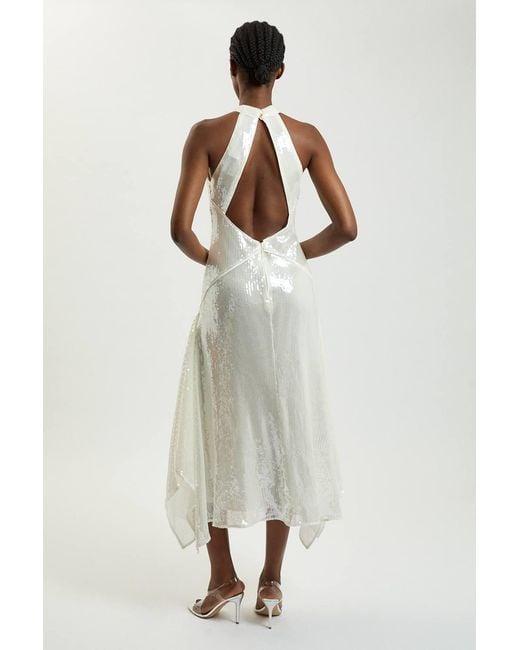 Karen Millen White Sequin Halter Neck Hanky Hem Maxi Dress