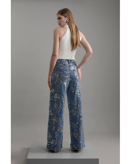 Karen Millen Gray Denim All Over Floral Sequin Wide Leg Trousers