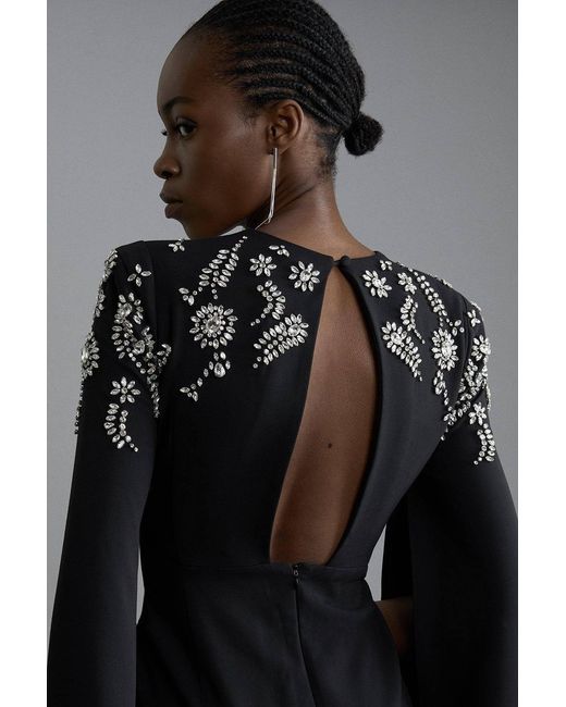 Karen Millen Black Compact Stretch Viscose Crystal Embellished Cape Maxi Dress
