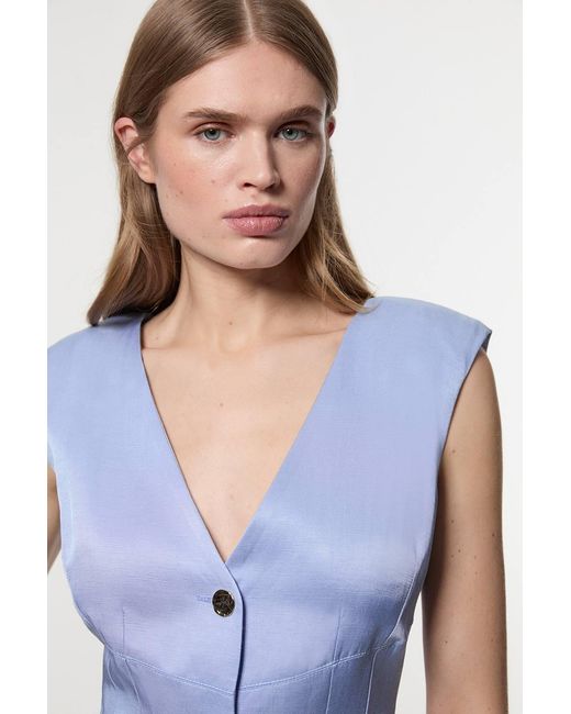 Karen Millen Blue Premium Viscose Linen Tailored Ruffle Pencil Midi Dress