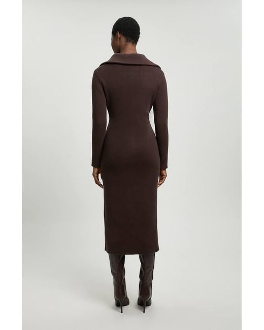 Karen Millen Brown Cotton Zip Through Collar Knitted Midi Dress