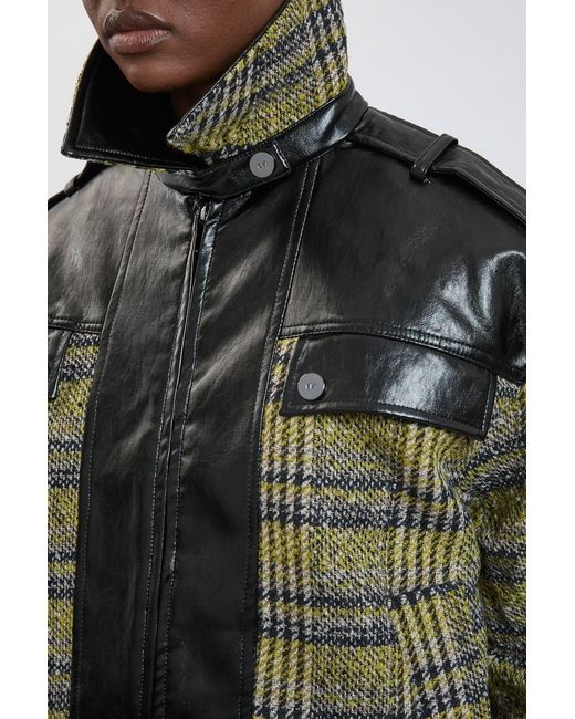 Karen Millen Black Wool Tweed And Faux Leather Mix Short Coat