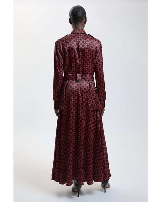 Karen Millen Purple Tailored Printed Satin Viscose Belted Maxi Shirt Dress