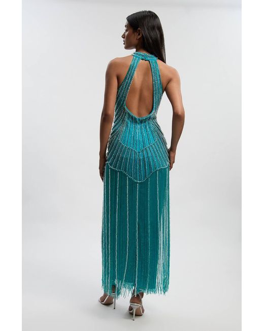 Karen Millen Blue Crystal Embellished Fringed Woven Midi Dress