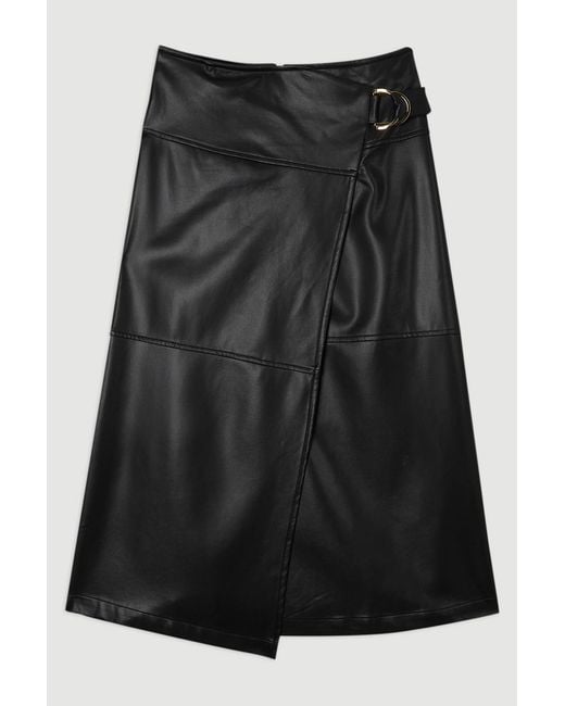 Karen Millen Black Faux Leather Tie Detail Wrap Midi Skirt