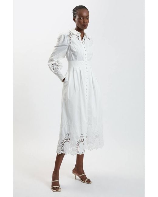 Karen Millen White Cotton Cutwork Balloon Sleeve Woven Midi Dress