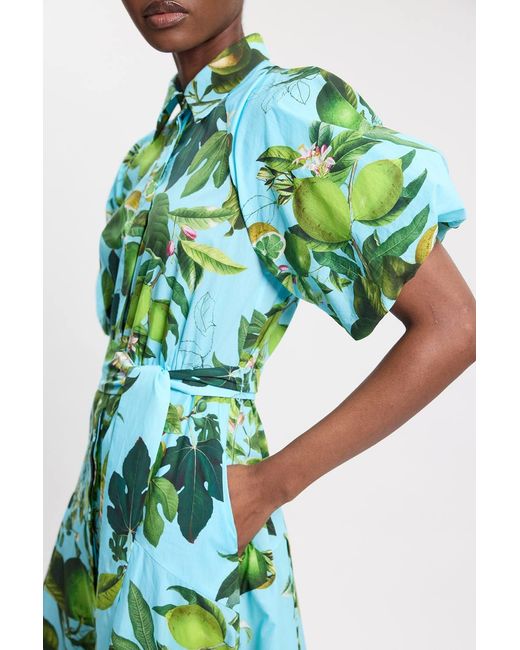 Karen Millen Green Lime Print Cotton Puff Sleeve Woven Midi Shirt Dress With Dropped Waist Detail