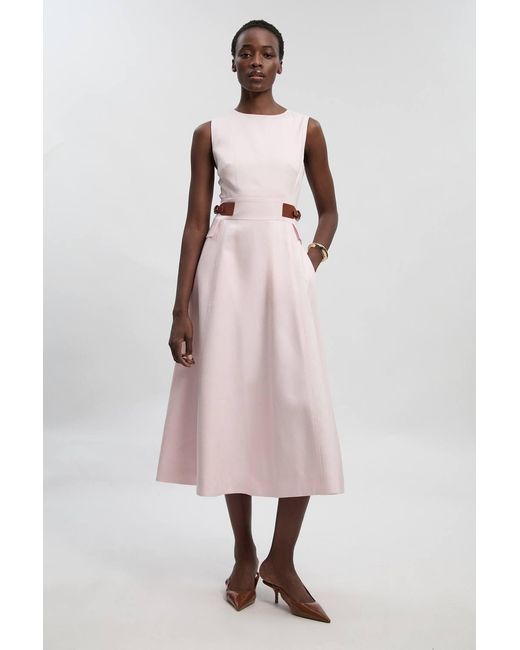 Karen Millen Pink Tailored Linen Tab Waist Detail Full Skirt Midi Dress