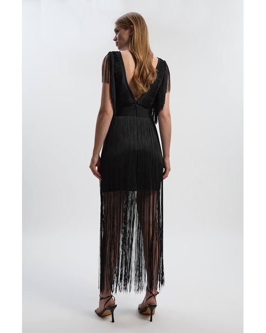 Karen Millen Black Maxi Draped Fringe Knitted Mini Dress