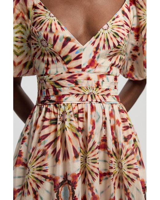 Karen Millen Multicolor Tile Print Silk Cotton Volume Sleeve Woven Maxi Dress