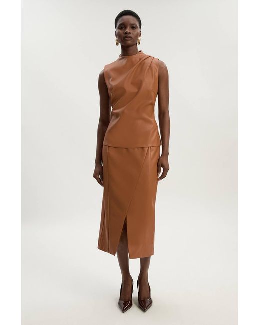 Karen Millen Brown Faux Leather Drape Sleeveless Top