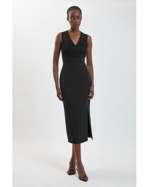 Karen Millen Black Compact Stretch Lace Detail Midi Dress