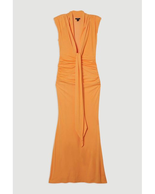 Karen Millen Orange Plunge Ruched Twist Jersey Maxi Dress