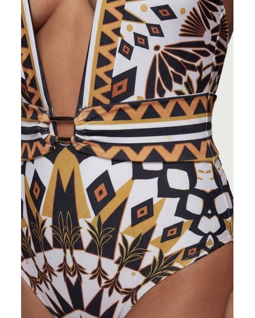 Karen Millen White Tile Print Plunge Swimsuit