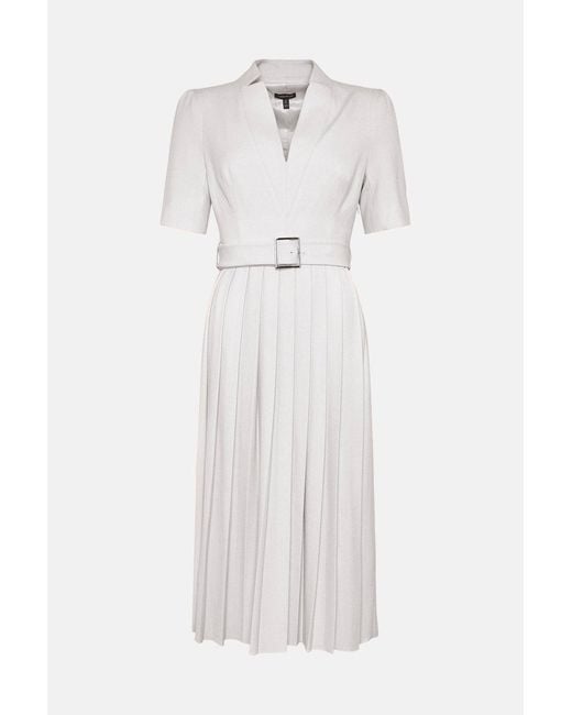 Karen Millen White Forever Tailored Structured Crepe Forever Pleat Belted Midi Dress