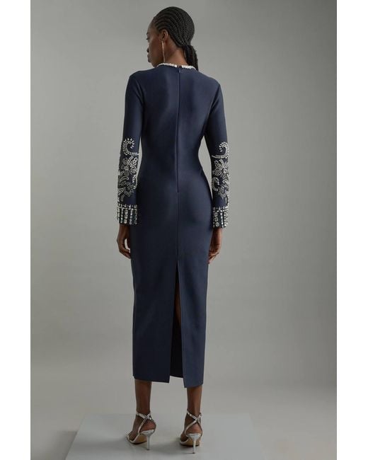 Karen Millen Gray Figure Form Bandage Knit Embellished Wide Sleeve Maxi Dress