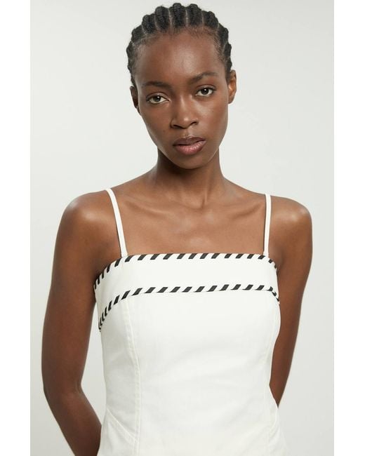 Karen Millen White Petite Tailored Linen Blend Contrast Stitch Top