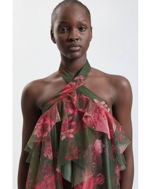 Karen Millen Green Floral Print Layered Tulle Halterneck Maxi Dress
