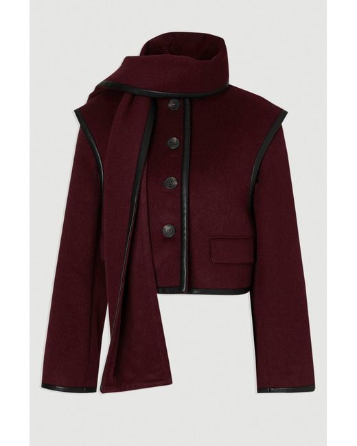Karen Millen Purple Brushed Wool Pu Mix Detachable Scarf Tailored Crop Coat
