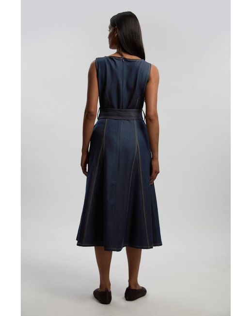 Karen Millen Blue Denim Belted Full Skirt Tailored Dress