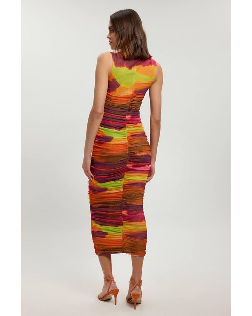 Karen Millen Red Petite Marbled Printed Mesh Ruched Jersey Maxi Dress