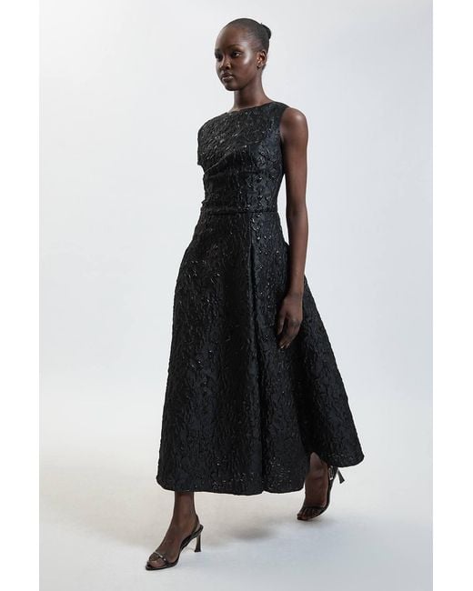 Karen Millen Black Petite Jacquard Asymmetric Sleeve Midi Dresss