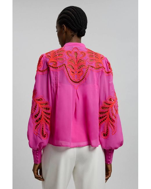 Karen Millen Pink Cutwork Beaded Embroidered Woven Blouse