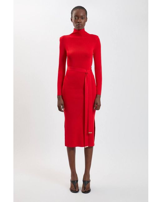 Karen Millen Red Slinky Drape Knit Power Shoulder Funnel Dress