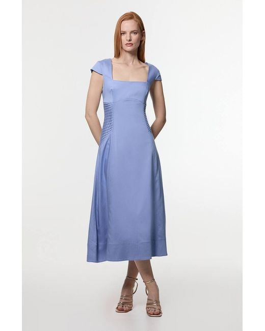 Karen Millen Blue Premium Linen Pintuck Detail Full Skirted Tailored Midi Dress