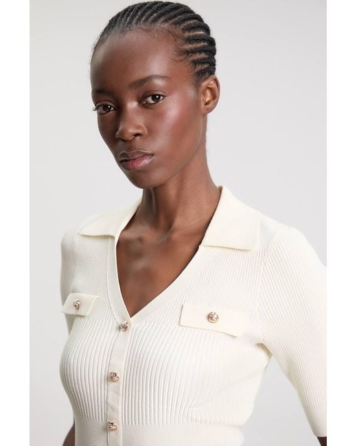 Karen Millen Blue Military Trim Rib Knit Short Sleeve Collared Top