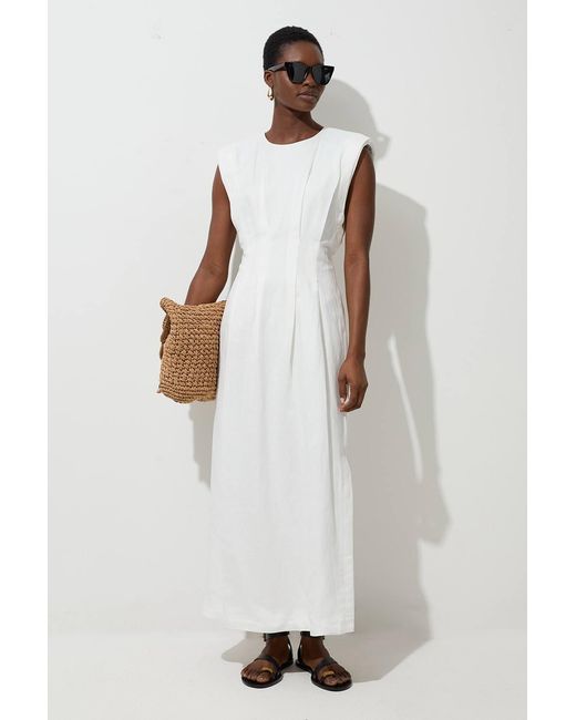 Karen Millen White Viscose Linen Woven Pintuck Midi Dress