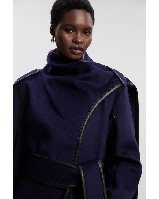 Karen Millen Blue Brushed Wool Pu Mix Scarf Neck Belted Tailored Maxi Coat