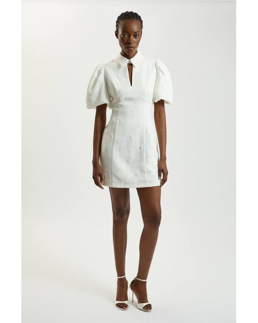 Karen Millen White Embellished Short Sleeve Woven Mini Dress