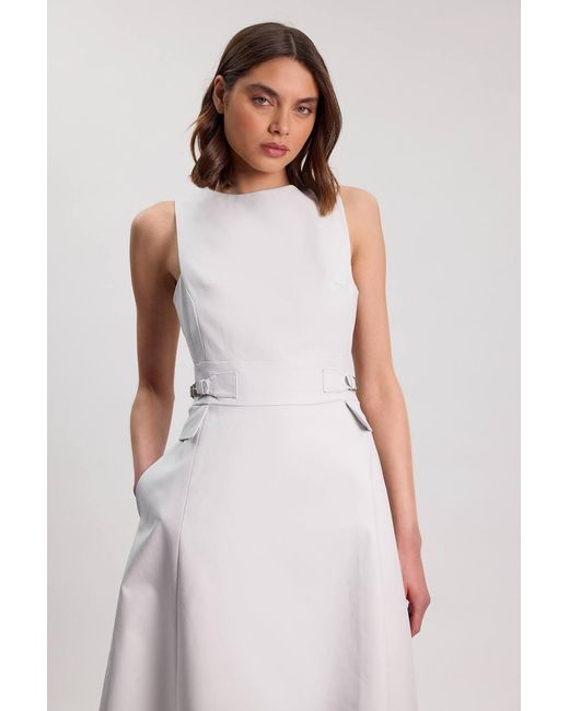 Karen Millen Gray Premium Cotton Tailored Fabric Belted Buckle Midi Dress