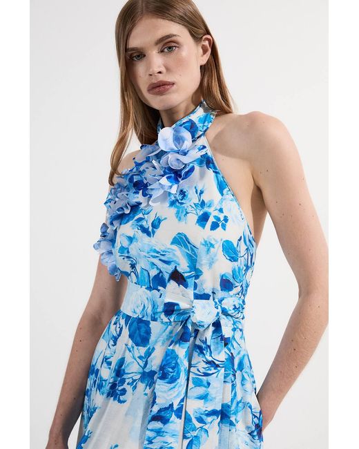 Karen Millen Blue Petite Rosette Ruffle Woven Maxi Halter Dress