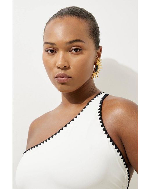 Karen Millen White Plus Size Contrast Stitch One Shoulder Swimsuit