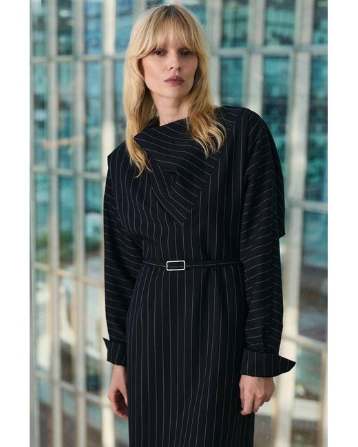 Karen Millen Green Pinstripe Cowl Neck Tailored Pencil Midi Dress