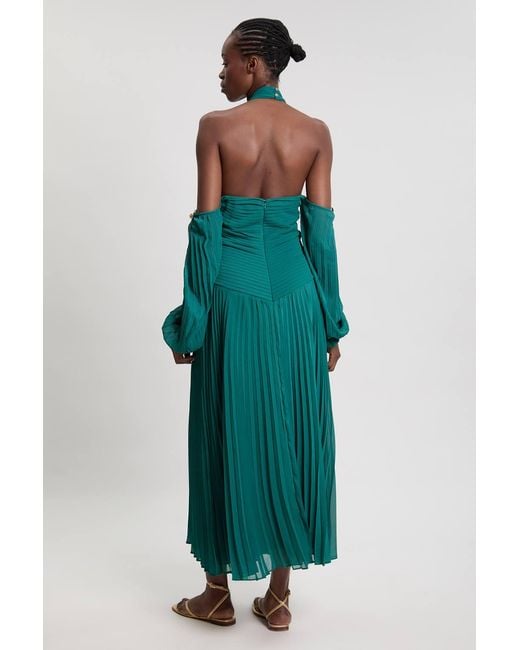 Karen Millen Green Crinkle Cold Shoulder Georgette Woven Maxi Dress