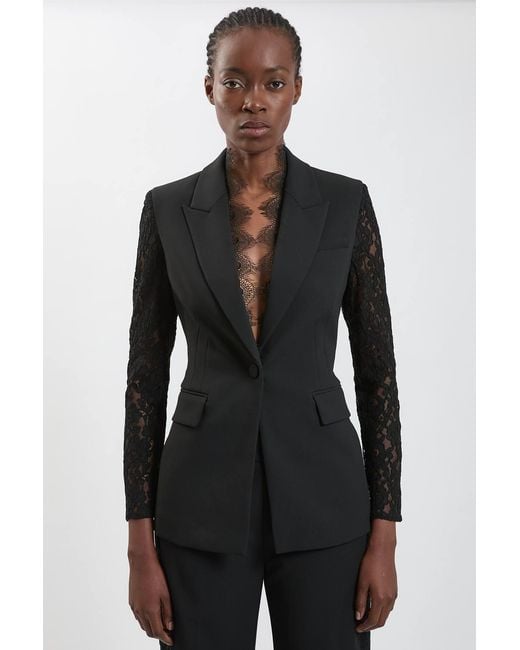 Karen Millen Black Compact Stretch Lace Mix Tailored Single Breasted Blazer