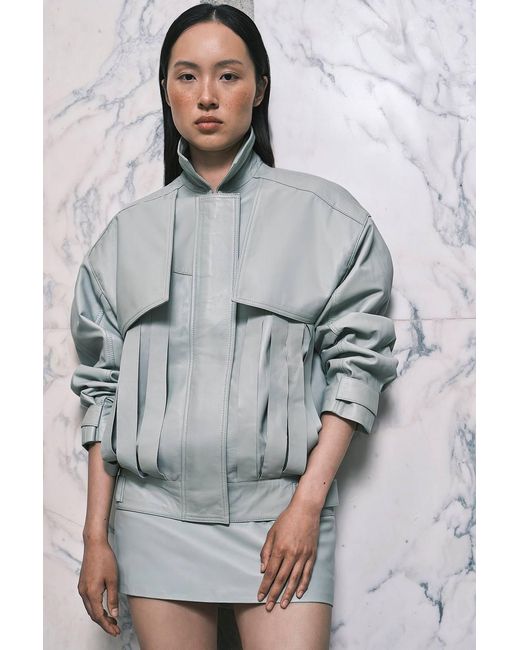 Karen Millen Gray Leather Tassel Collared Jacket