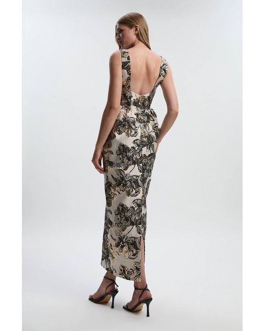 Karen Millen Blue Floral Jacquard Plunge Corset Pencil Midi Dress