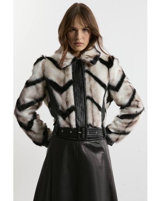 Karen Millen Multicolor Faux Fur Pu Panelled Stripe Belted Cropped Jacket