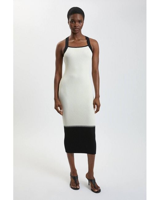 Karen Millen White Block Colour Racked Rib Knitted Sleeveless Midi Dress