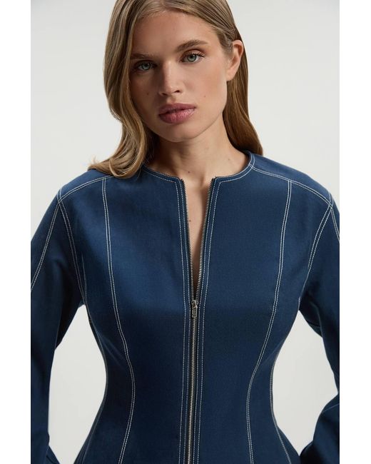 Karen Millen Blue Tencel Cotton Contrast Stitch Zip Front Woven Jacket