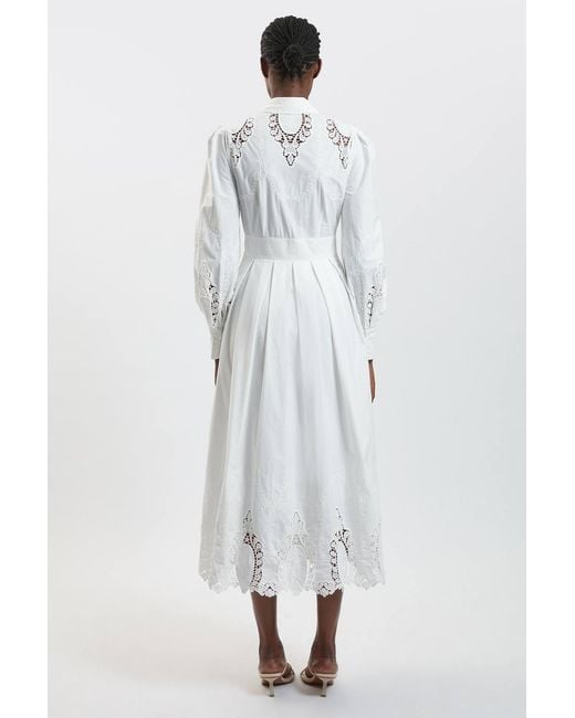 Karen Millen White Cotton Cutwork Balloon Sleeve Woven Midi Dress