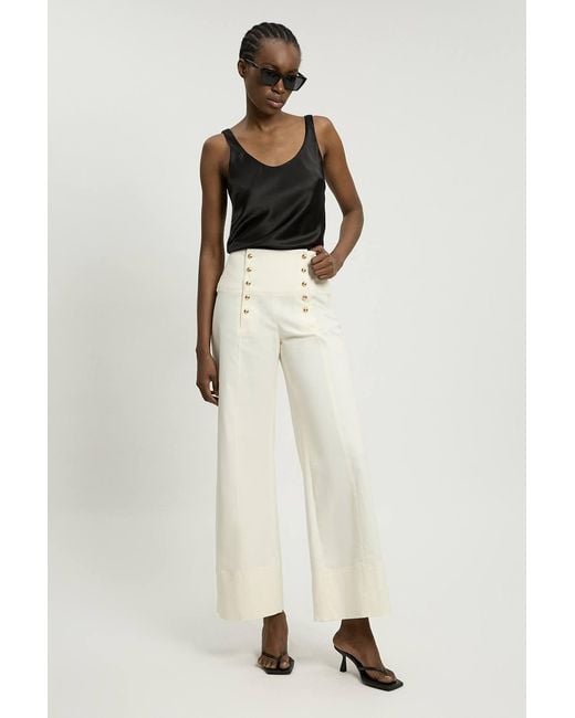 Karen Millen Natural Petite Cotton Tailored Button Detail Trousers