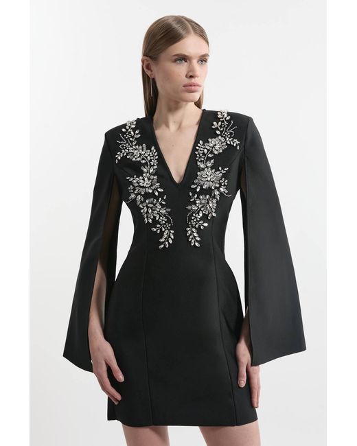 Karen Millen Black Bandage Form Fitting Cape Sleeve Embellished Mini Dress