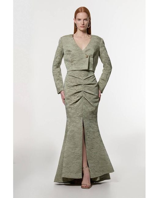 Karen Millen Green Crinkle Satin Button Front Cropped Tailored Jacket