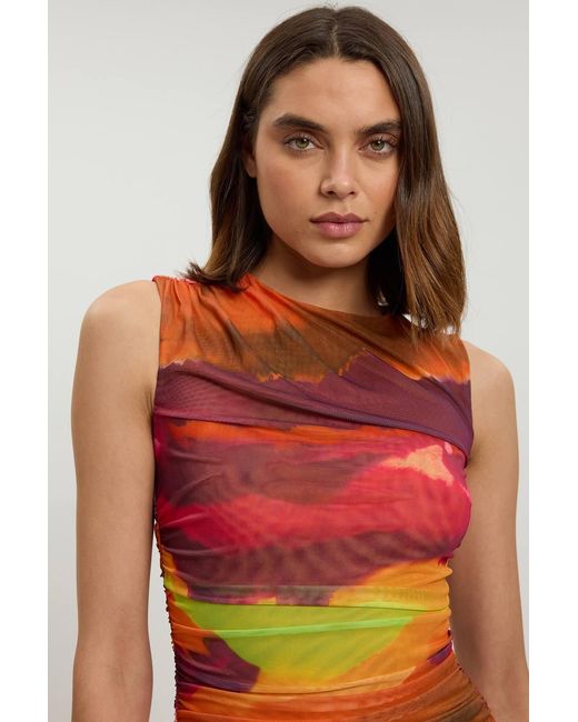 Karen Millen Red Petite Marbled Printed Mesh Ruched Jersey Maxi Dress