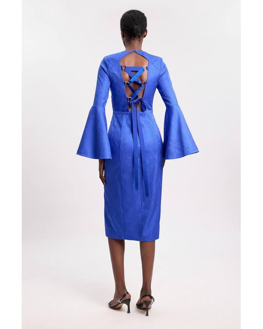 Karen Millen Blue Tailored Lace Up Back Detail Midi Dress
